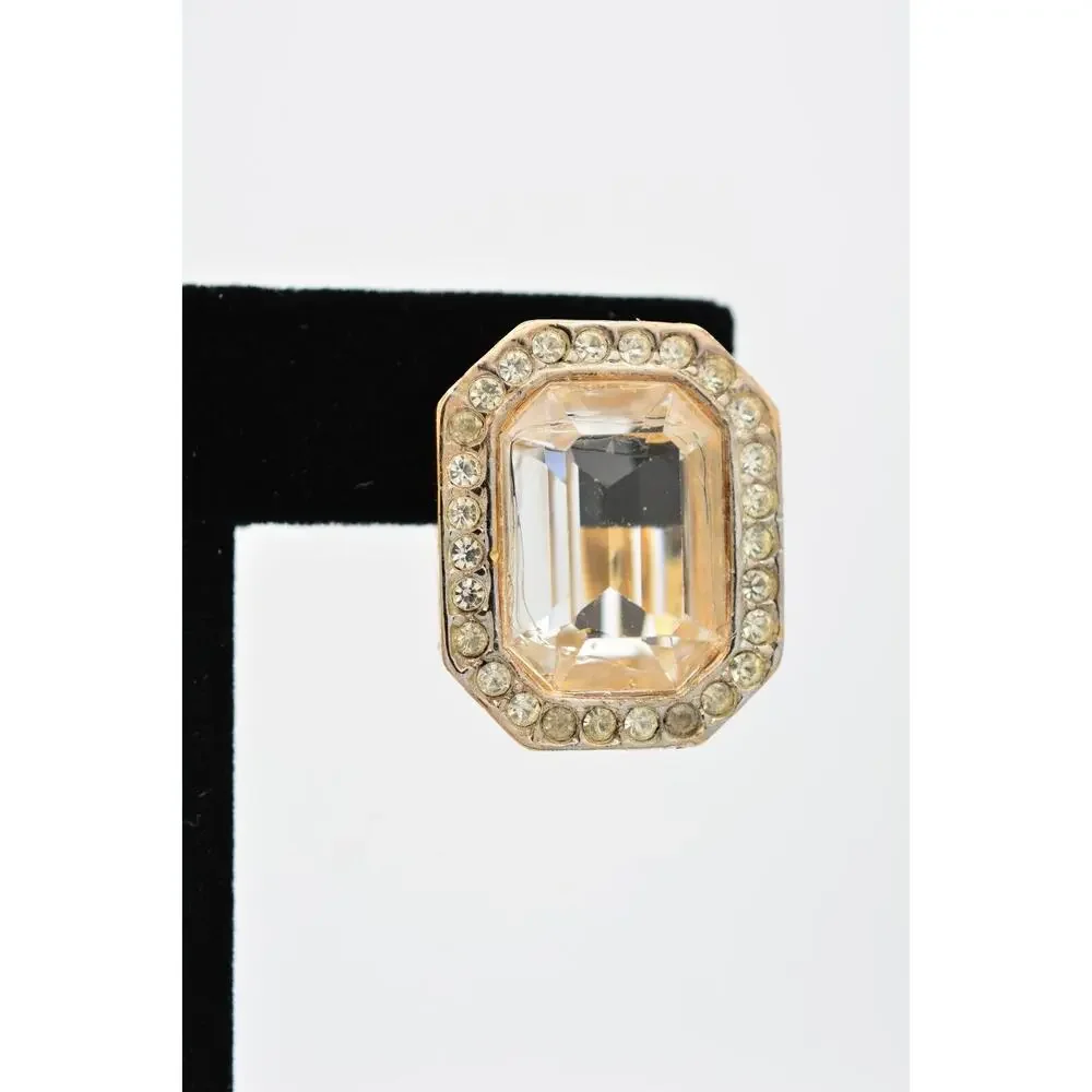 Vintage Crystal Clip On Earrings Peach Rhinestone Baguette Gold Chunky 1980s 9L